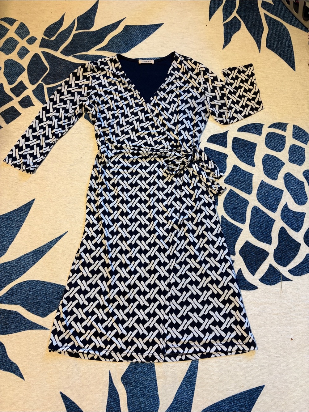 Gilli Wrap Dress in Navy and White Geometric Print